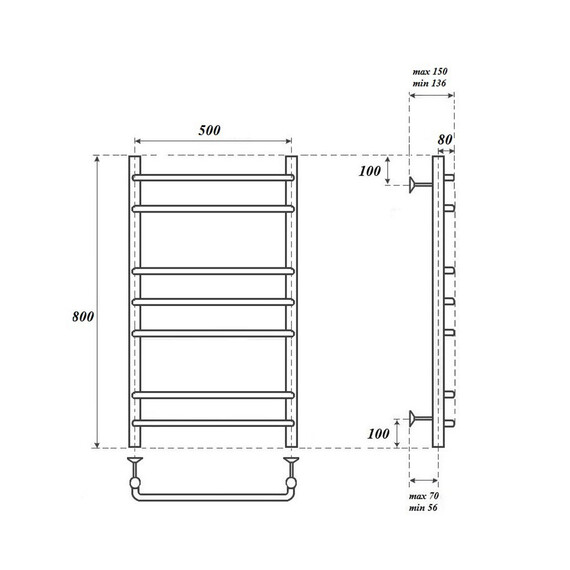 ПОЛОТЕНЦЕСУШИТЕЛЬ ЭЛЕКТРИЧЕСКИЙ POINT НЕПТУН PN09158E П7 500X800 ЛЕВЫЙ/ПРАВЫЙ, ХРОМ