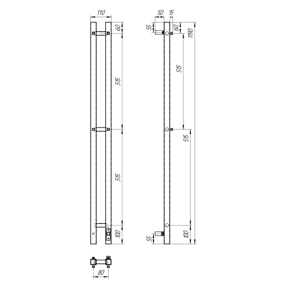ПОЛОТЕНЦЕСУШИТЕЛЬ ЭЛЕКТРИЧЕСКИЙ POINT ГЕРМЕС PN13812B П3 80X1200 ДИММЕР СПРАВА, ЧЕРНЫЙ