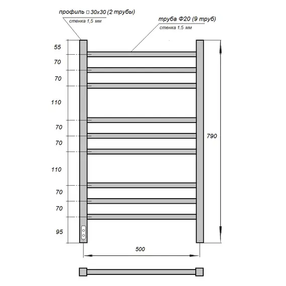 ПОЛОТЕНЦЕСУШИТЕЛЬ ЭЛЕКТРИЧЕСКИЙ POINT ВЕСТА PN70758B П9 500X800, ДИММЕР СЛЕВА, ЧЕРНЫЙ