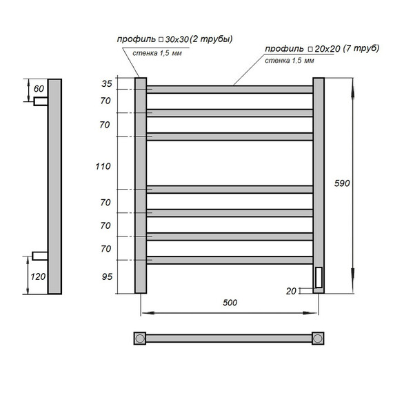 ПОЛОТЕНЦЕСУШИТЕЛЬ ЭЛЕКТРИЧЕСКИЙ POINT ВЕГА PN71856 П7 500X600, ДИММЕР СПРАВА, ХРОМ