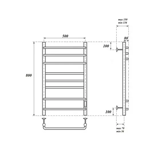 ПОЛОТЕНЦЕСУШИТЕЛЬ ЭЛЕКТРИЧЕСКИЙ POINT САТУРН PN90858 П8 500X800 ДИММЕР СПРАВА, ХРОМ