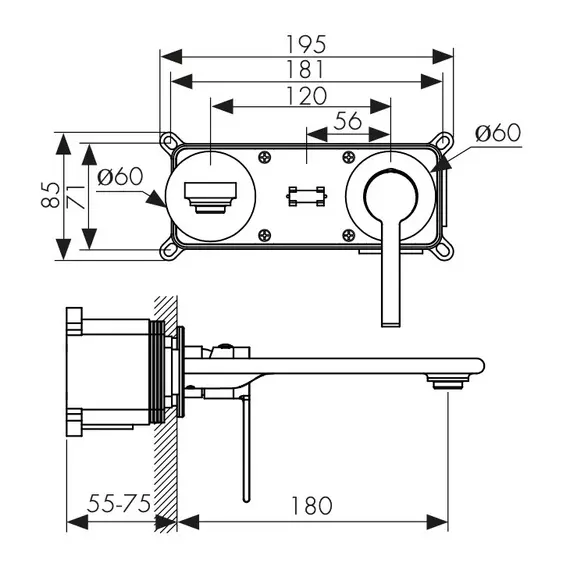 СМЕСИТЕЛЬ KAISER SERIO ДЛЯ РАКОВИНЫ НАСТЕННЫЙ СО ВСТРОЕННЫМ БЛОКОМ BLACK MATT