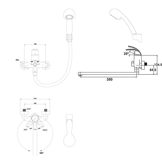 СМЕСИТЕЛЬ ДЛЯ ВАННЫ С ДУШЕМ KAISER NOVA BETTA СО ВСТРОЕННЫМ ПЕРЕКЛЮЧАТЕЛЕМ