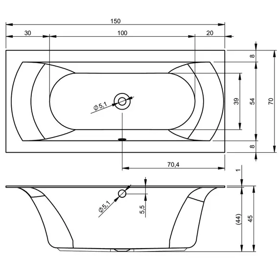 ВАННА АКРИЛОВАЯ RIHO LINARES 150X70 СИФОН РАСПОЛОЖЕН СПРАВА