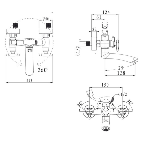 СМЕСИТЕЛЬ KAISER TRIO ДЛЯ ВАННЫ ИЗЛИВ 20 СМ КЕРАМИКА 3-ЛИСТНИК БРОНЗА