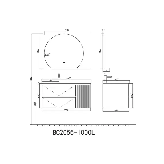 ТУМБА С РАКОВИНОЙ ORANS BC-2055-1000L MATTE BLACK (1000X550X500)