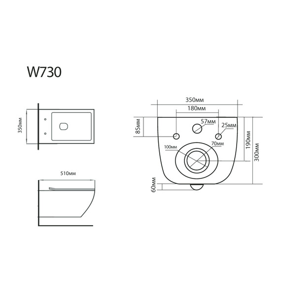 ПОДВЕСНОЙ УНИТАЗ B&W W-730 RIMLESS / UF SEAT COVER / FIXING SCREW (500X350X360)