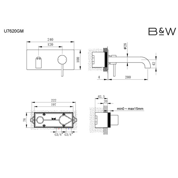 СМЕСИТЕЛЬ B&W U7620GM ДЛЯ РАКОВИНЫ ВСТРАИВАЕМАЯ СИСТЕМА