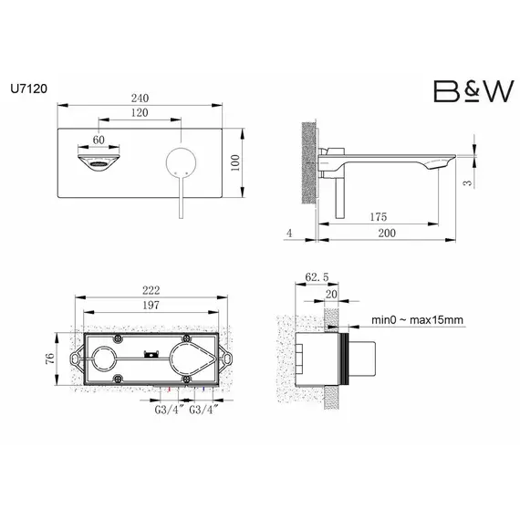 КОМПЛЕКТ ВСТРАИВАЕМОГО СМЕСИТЕЛЯ B&W U7120 ДЛЯ РАКОВИНЫ ХРОМ