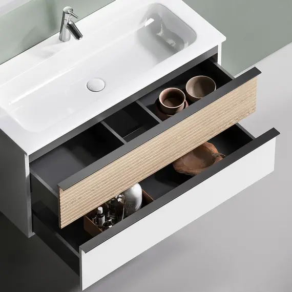 ТУМБА ПОДВЕСНАЯ SANCOS DELTA 995Х445Х500, C ДВУМЯ ЯЩИКАМИ ОСНАЩЕННЫМИ ДОВОДЧИКАМИ,  ДУБ СВЕТЛЫЙ/БЕЛЫЙ , АРТ. DL100W