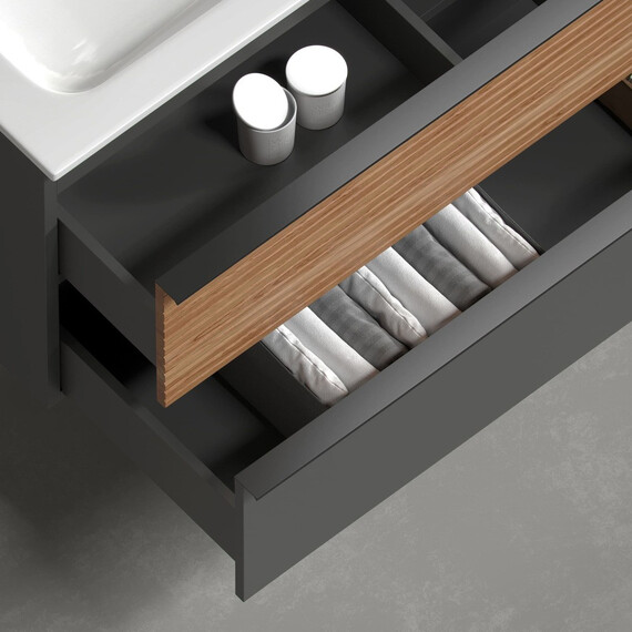 ТУМБА ПОДВЕСНАЯ SANCOS DELTA 590Х445Х500, C ДВУМЯ ЯЩИКАМИ ОСНАЩЕННЫМИ ДОВОДЧИКАМИ, ДУБ КРАСНЫЙ/ГРАФИТ , АРТ. DL60GR