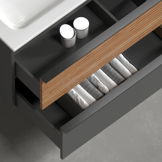 ТУМБА ПОДВЕСНАЯ SANCOS DELTA 995Х445Х500, C ДВУМЯ ЯЩИКАМИ ОСНАЩЕННЫМИ ДОВОДЧИКАМИ, ПРАВАЯ, ДУБ КРАСНЫЙ/ГРАФИТ , АРТ. DL100RGR