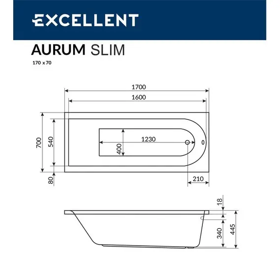 ВАННА АКРИЛОВАЯ EXCELLENT AURUM SLIM 170X70