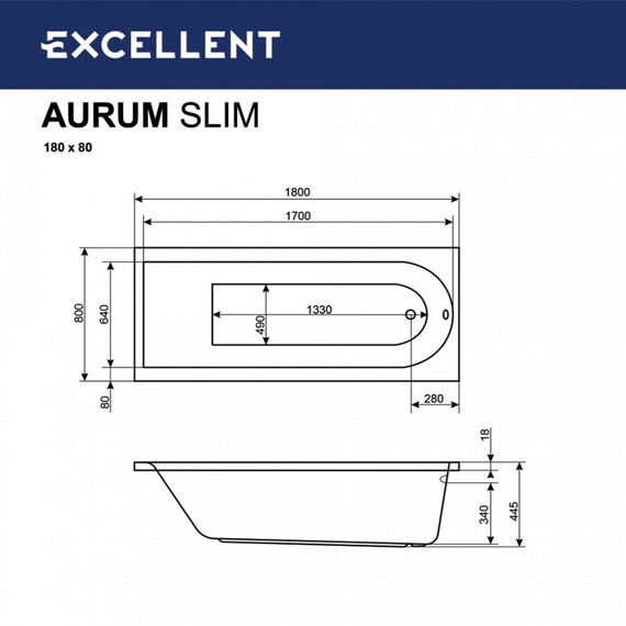 ВАННА АКРИЛОВАЯ EXCELLENT AURUM SLIM 180X80