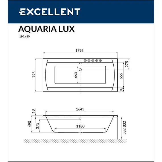ВАННА АКРИЛОВАЯ EXCELLENT AQUARIA LUX SLIM 180X80