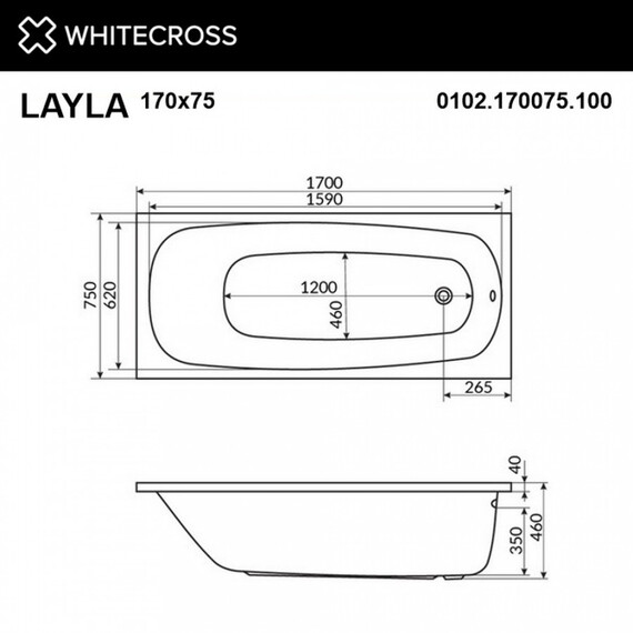 ГИДРОМАССАЖНАЯ АКРИЛОВАЯ ВАННА WHITECROSS LAYLA 170X75 "LINE NANO" ХРОМ