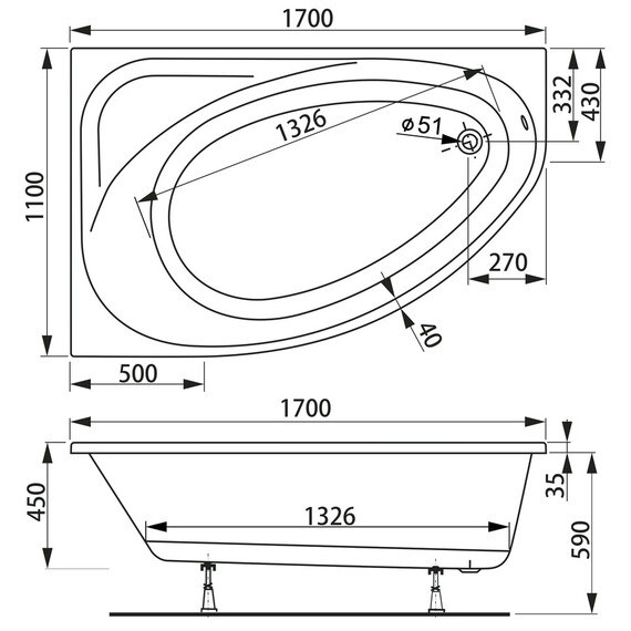 ВАННА АКРИЛОВАЯ VAGNERPLAST HAPI 170X110 ПРАВАЯ