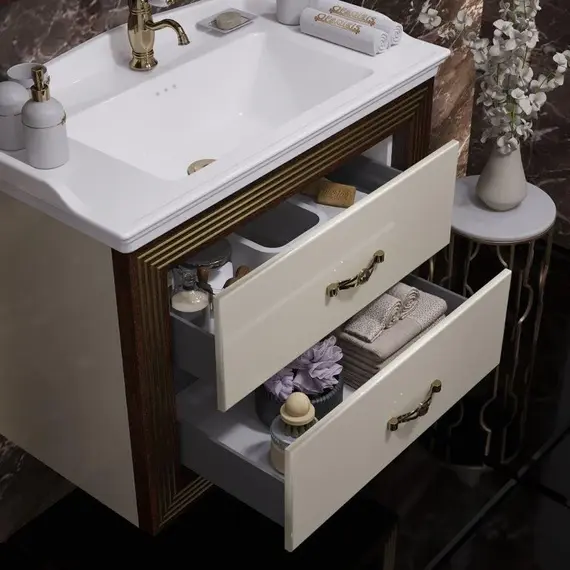 ТУМБА OPADIRIS КАРАТ 80 БЕЖЕВЫЙ ГЛЯНЦЕВЫЙ С ЗОЛОТОЙ ПАТИНОЙ (ПОД РАКОВИНУ CERASTYLE KAPADOKYA 80)