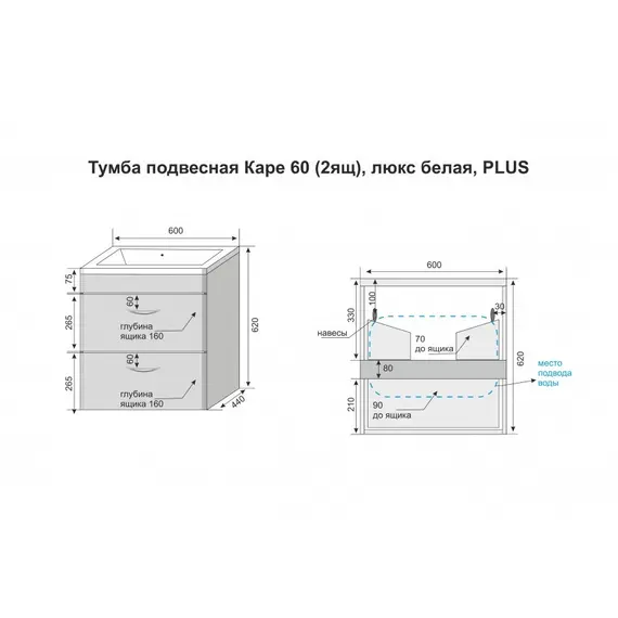 ТУМБА ПОДВЕСНАЯ STYLE LINE "КАРЕ 60" (2 ЯЩ.) ЛЮКС БЕЛАЯ, PLUS
