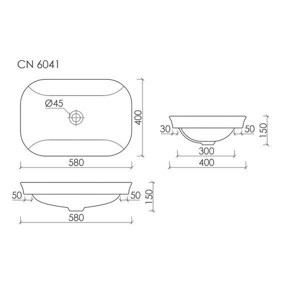 УМЫВАЛЬНИК ПРЯМОУГОЛЬНЫЙ ВСТРАИВАЕМЫЙ СВЕРХУ В СТОЛЕШНИЦУ CERAMICA NOVA ELEMENT 580X400X150ММ