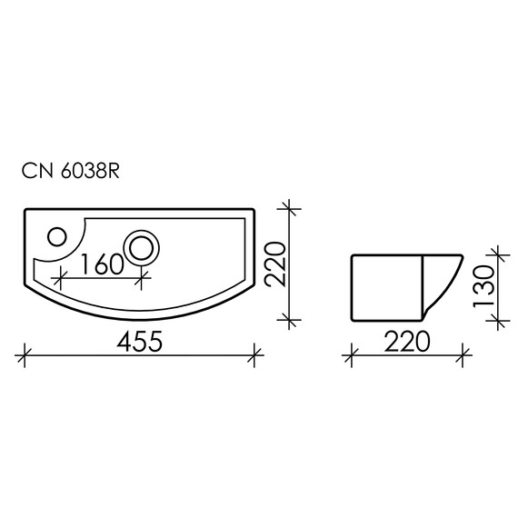УМЫВАЛЬНИК ПОДВЕСНОЙ ПРЯМОУГОЛЬНЫЙ С КРЕПЕЖОМ (ЧАША СПРАВА, ОТВЕРСТИЕ ПОД СМЕСИТЕЛЬ СЛЕВА) ELEMENT 455*220*130ММ
