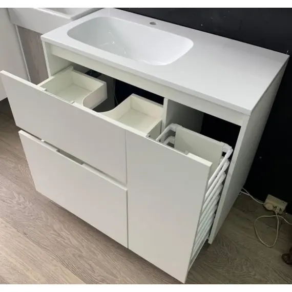 ТУМБА НАПОЛЬНАЯ STYLE LINE "БАРСЕЛОНА 90" ЛЕВАЯ (2 ЯЩ.) С ВЫКАТНОЙ КОРЗИНОЙ, ЛЮКС БЕЛАЯ, PLUS