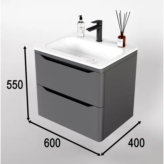 ТУМБА ПОДВЕСНАЯ STYLE LINE "МАРЕЛЛА 60", 2 ЯЩИКА, ЛЮКС АНТИСКРЕЙТЧ СЕРЫЙ, PLUS