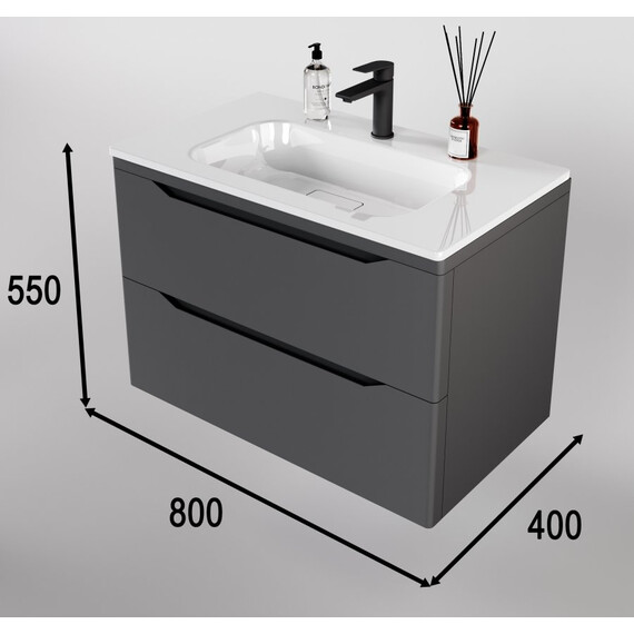 ТУМБА ПОДВЕСНАЯ STYLE LINE "МАРЕЛЛА 80", 2 ЯЩИКА, ЛЮКС АНТИСКРЕЙТЧ СЕРЫЙ, PLUS