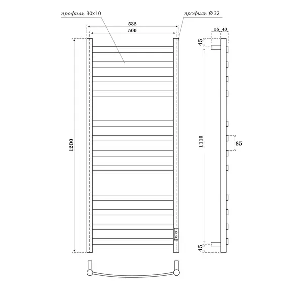 ПОЛОТЕНЦЕСУШИТЕЛЬ ЭЛЕКТРИЧЕСКИЙ POINT АНТЕЯ PN17852B П12 500X1200, ДИММЕР СПРАВА, ЧЕРНЫЙ
