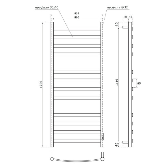 ПОЛОТЕНЦЕСУШИТЕЛЬ ЭЛЕКТРИЧЕСКИЙ POINT АНТЕЯ PN17852W П12 500X1200, ДИММЕР СПРАВА, БЕЛЫЙ