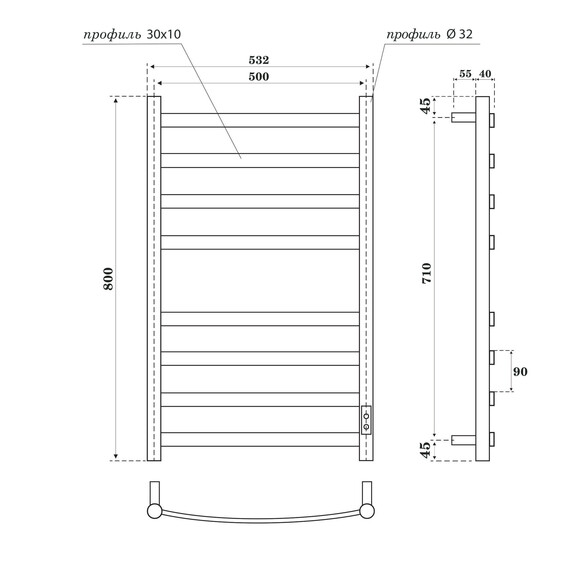 ПОЛОТЕНЦЕСУШИТЕЛЬ ЭЛЕКТРИЧЕСКИЙ POINT АНТЕЯ PN17858B П8 500X800, ДИММЕР СПРАВА, ЧЕРНЫЙ
