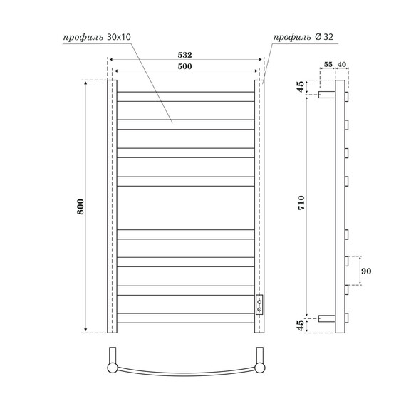 ПОЛОТЕНЦЕСУШИТЕЛЬ ЭЛЕКТРИЧЕСКИЙ POINT АНТЕЯ PN17858W П8 500X800, ДИММЕР СПРАВА, БЕЛЫЙ