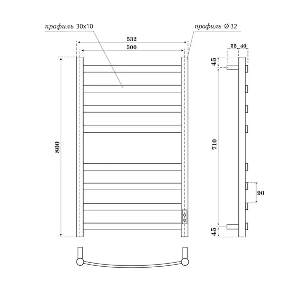 ПОЛОТЕНЦЕСУШИТЕЛЬ ЭЛЕКТРИЧЕСКИЙ POINT АНТЕЯ PN17858W П8 500X800, ДИММЕР СПРАВА, БЕЛЫЙ