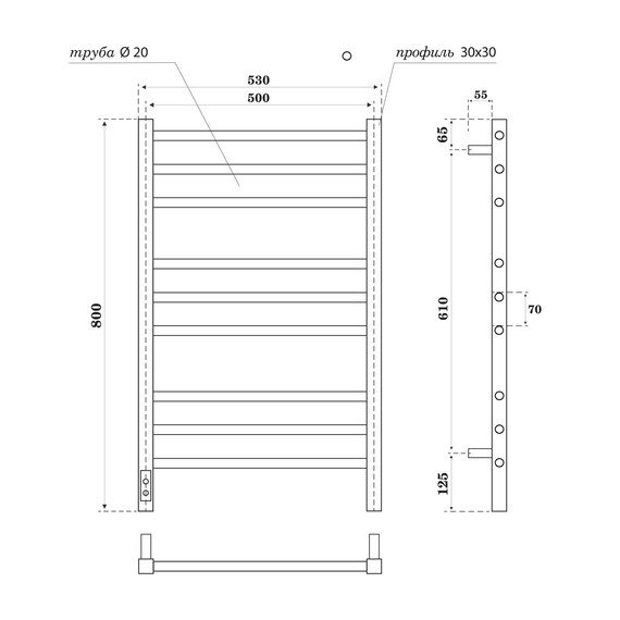 ПОЛОТЕНЦЕСУШИТЕЛЬ ЭЛЕКТРИЧЕСКИЙ POINT ВЕСТА PN70758GR П9 500X800, ДИММЕР СЛЕВА, ГРАФИТ ПРЕМИУМ