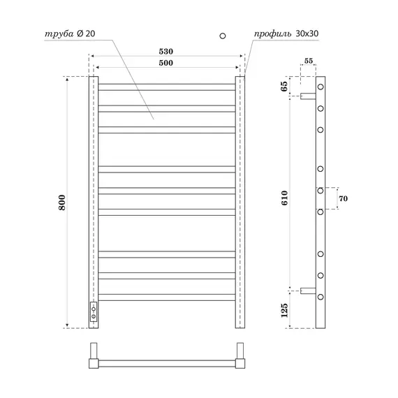 ПОЛОТЕНЦЕСУШИТЕЛЬ ЭЛЕКТРИЧЕСКИЙ POINT ВЕСТА PN70758GR П9 500X800, ДИММЕР СЛЕВА, ГРАФИТ ПРЕМИУМ