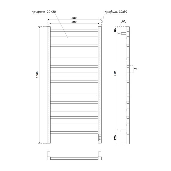 ПОЛОТЕНЦЕСУШИТЕЛЬ ЭЛЕКТРИЧЕСКИЙ POINT ВЕГА PN71850GB П12 500X1000, ДИММЕР СПРАВА, ГРАФИТ БЛЕСК