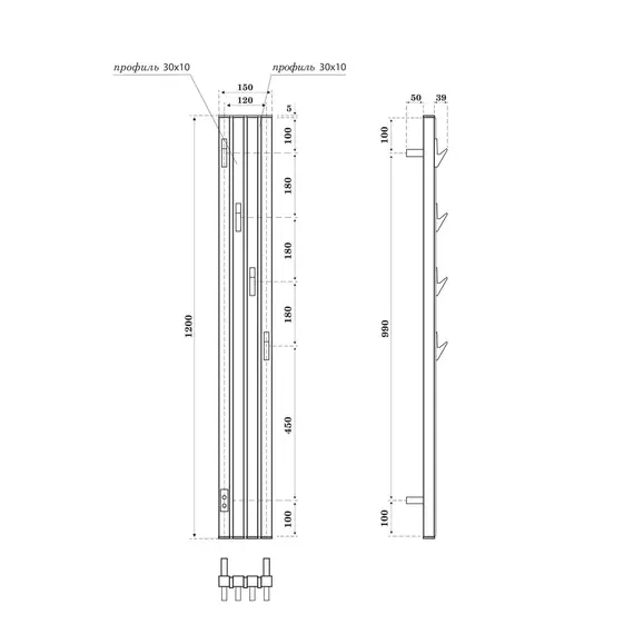 ПОЛОТЕНЦЕСУШИТЕЛЬ ЭЛЕКТРИЧЕСКИЙ POINT ПИАНО PN19722WB 150X1200 ДИММЕР СЛЕВА, БЕЛЫЙ/ЧЕРНЫЙ