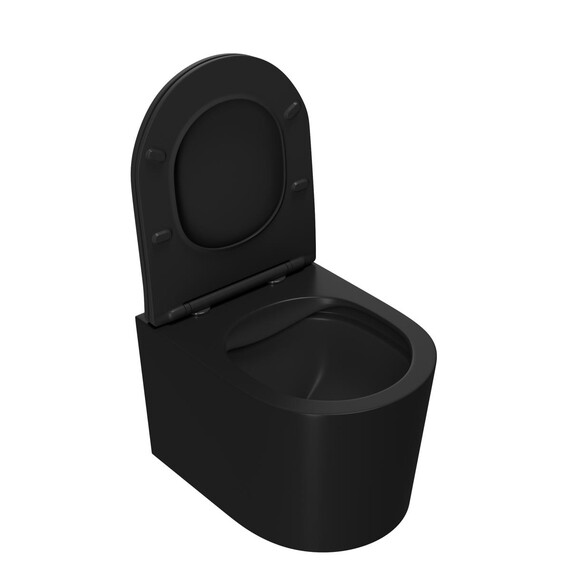УНИТАЗ ПОДВЕСНОЙ POINT ВЕСТА БЕЗОБОДКОВЫЙ, ЧЕРНЫЙ МАТОВЫЙ, СИДЕНЬЕ ДЮРОПЛАСТ МИКРОЛИФТ БЫСТРОСЪЕМНОЕ
