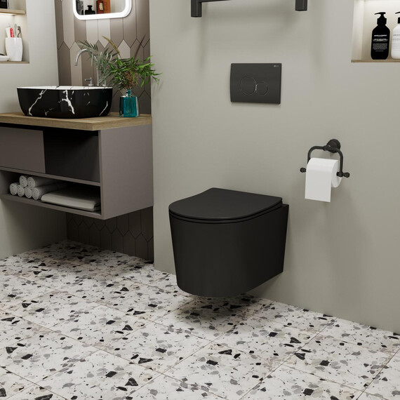 УНИТАЗ ПОДВЕСНОЙ POINT ВЕСТА БЕЗОБОДКОВЫЙ, ЧЕРНЫЙ МАТОВЫЙ, СИДЕНЬЕ ДЮРОПЛАСТ МИКРОЛИФТ БЫСТРОСЪЕМНОЕ