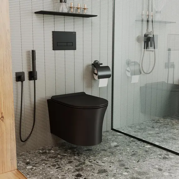 УНИТАЗ ПОДВЕСНОЙ POINT ВЕГА БЕЗОБОДКОВЫЙ, ЧЕРНЫЙ МАТОВЫЙ, СИДЕНЬЕ ДЮРОПЛАСТ МИКРОЛИФТ БЫСТРОСЪЕМНОЕ