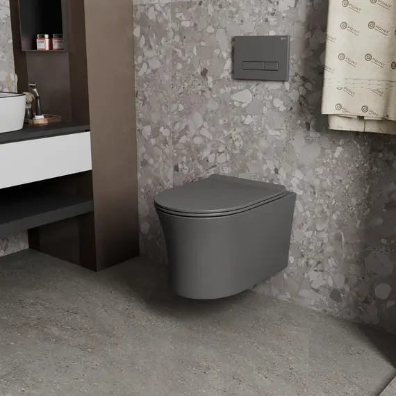 УНИТАЗ ПОДВЕСНОЙ POINT ВЕГА БЕЗОБОДКОВЫЙ, СЕРЫЙ МАТОВЫЙ, СИДЕНЬЕ ДЮРОПЛАСТ МИКРОЛИФТ БЫСТРОСЪЕМНОЕ