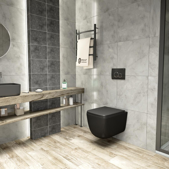 УНИТАЗ ПОДВЕСНОЙ POINT МЕРКУРИЙ БЕЗОБОДКОВЫЙ, ЧЕРНЫЙ МАТОВЫЙ, СИДЕНЬЕ ДЮРОПЛАСТ МИКРОЛИФТ БЫСТРОСЪЕМНОЕ