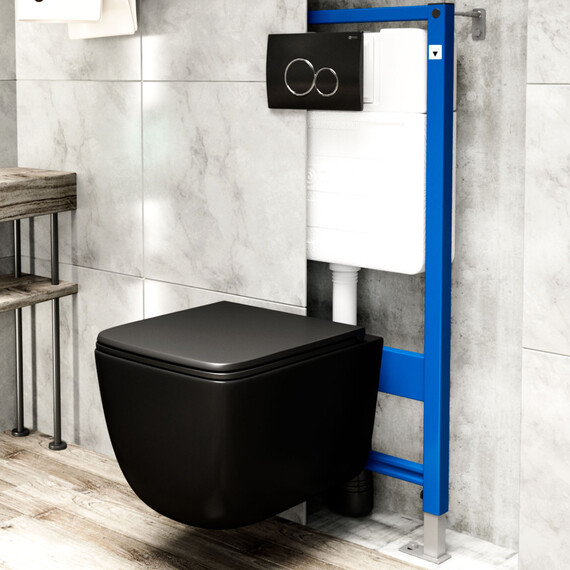 УНИТАЗ ПОДВЕСНОЙ POINT МЕРКУРИЙ БЕЗОБОДКОВЫЙ, ЧЕРНЫЙ МАТОВЫЙ, СИДЕНЬЕ ДЮРОПЛАСТ МИКРОЛИФТ БЫСТРОСЪЕМНОЕ