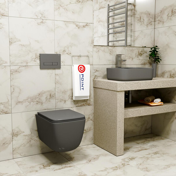 УНИТАЗ ПОДВЕСНОЙ POINT МЕРКУРИЙ БЕЗОБОДКОВЫЙ, СЕРЫЙ МАТОВЫЙ, СИДЕНЬЕ ДЮРОПЛАСТ МИКРОЛИФТ БЫСТРОСЪЕМНОЕ