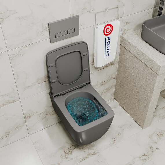 УНИТАЗ ПОДВЕСНОЙ POINT МЕРКУРИЙ БЕЗОБОДКОВЫЙ, СЕРЫЙ МАТОВЫЙ, СИДЕНЬЕ ДЮРОПЛАСТ МИКРОЛИФТ БЫСТРОСЪЕМНОЕ