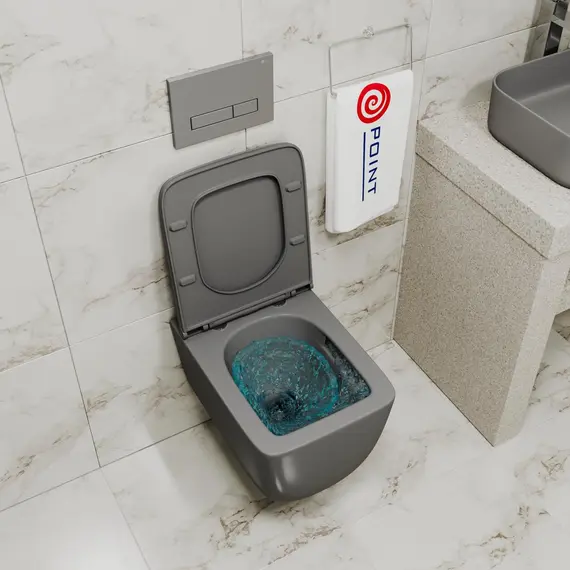 УНИТАЗ ПОДВЕСНОЙ POINT МЕРКУРИЙ БЕЗОБОДКОВЫЙ, СЕРЫЙ МАТОВЫЙ, СИДЕНЬЕ ДЮРОПЛАСТ МИКРОЛИФТ БЫСТРОСЪЕМНОЕ