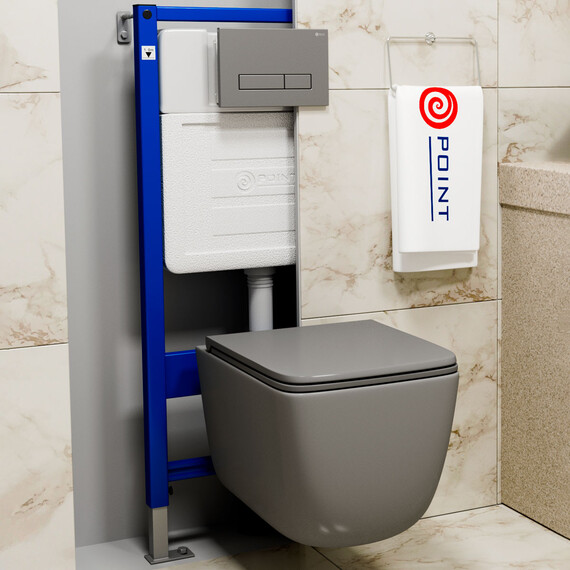 УНИТАЗ ПОДВЕСНОЙ POINT МЕРКУРИЙ БЕЗОБОДКОВЫЙ, СЕРЫЙ МАТОВЫЙ, СИДЕНЬЕ ДЮРОПЛАСТ МИКРОЛИФТ БЫСТРОСЪЕМНОЕ