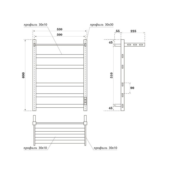 ПОЛОТЕНЦЕСУШИТЕЛЬ ЭЛЕКТРИЧЕСКИЙ POINT МЕРКУРИЙ PN83856PB П5 500X600 С ПОЛКОЙ, ДИММЕР СПРАВА, ЧЕРНЫЙ
