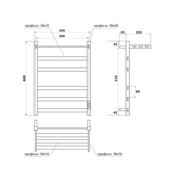 ПОЛОТЕНЦЕСУШИТЕЛЬ ЭЛЕКТРИЧЕСКИЙ POINT МЕРКУРИЙ PN83856PB П5 500X600 С ПОЛКОЙ, ДИММЕР СПРАВА, ЧЕРНЫЙ
