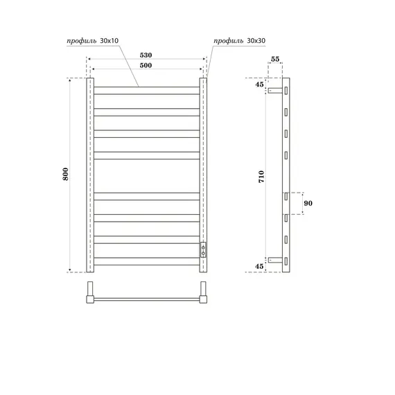 ПОЛОТЕНЦЕСУШИТЕЛЬ ЭЛЕКТРИЧЕСКИЙ POINT МЕРКУРИЙ PN83858GR П8 500X800, ДИММЕР СПРАВА, ГРАФИТ ПРЕМИУМ